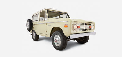 Rear three-quarter view showing right side and back of Classic Ford Bronco with white cab and sage body