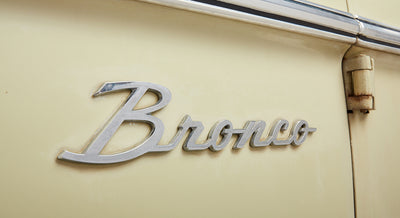 Chrome Bronco emblem attached to beige side body panel next to a rusty hinge