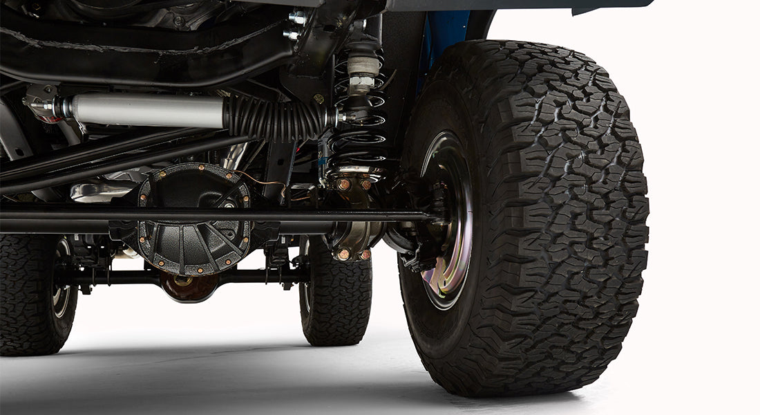 Another close-up detail of rear axle and suspension components of a classic Ford Bronco