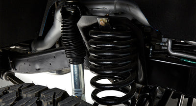 Close-up of coil spring and shock absorber near a tire, part of classic Ford Bronco suspension