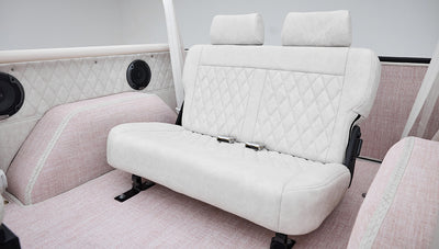 1966 Pink Classic Ford Bronco Coyote Series Roadster with White Leather Interior and Custom Pink Flooring