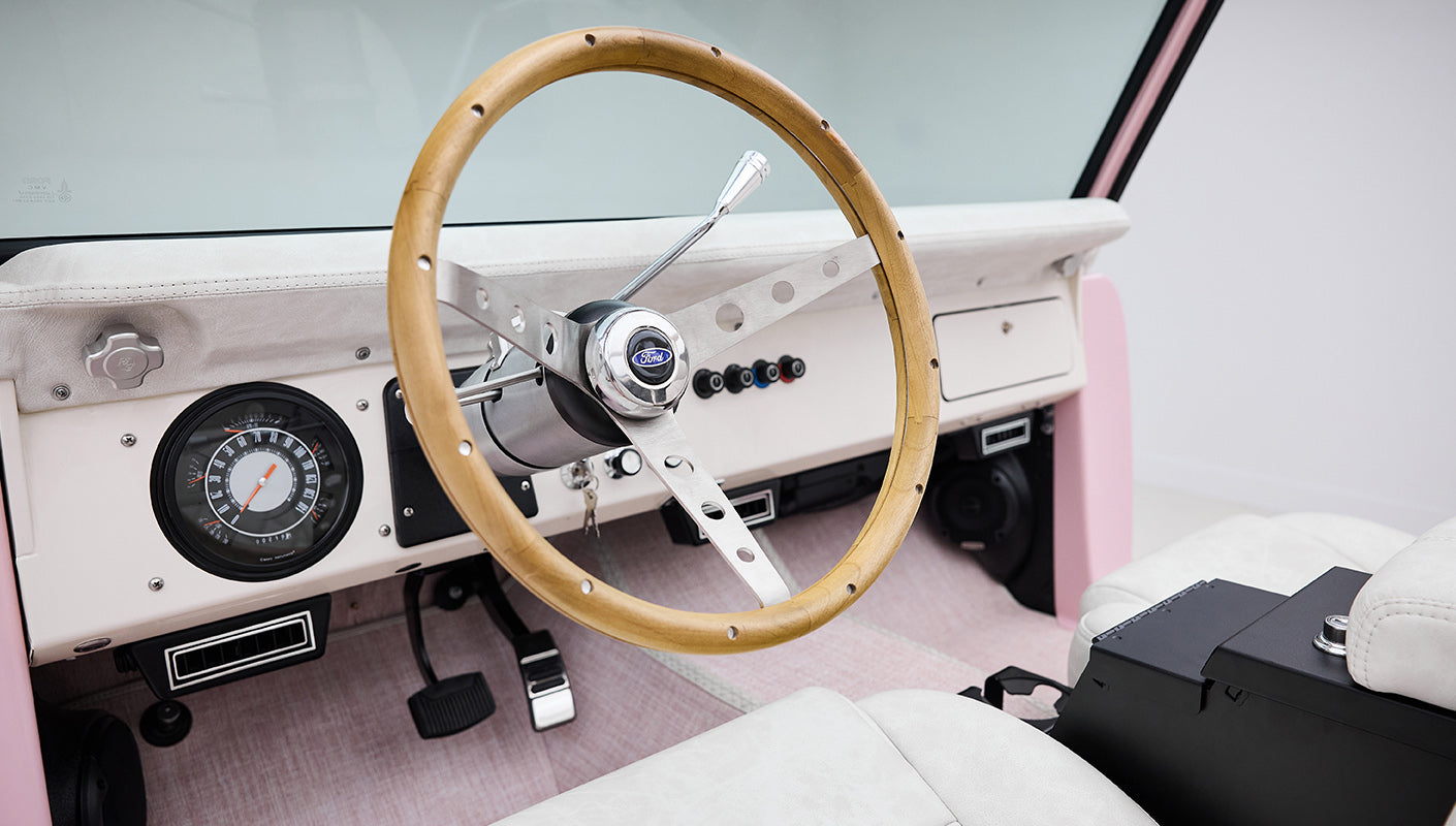 1966 Pink Classic Ford Bronco Coyote Series Roadster with White Leather Interior and Custom Pink Flooring