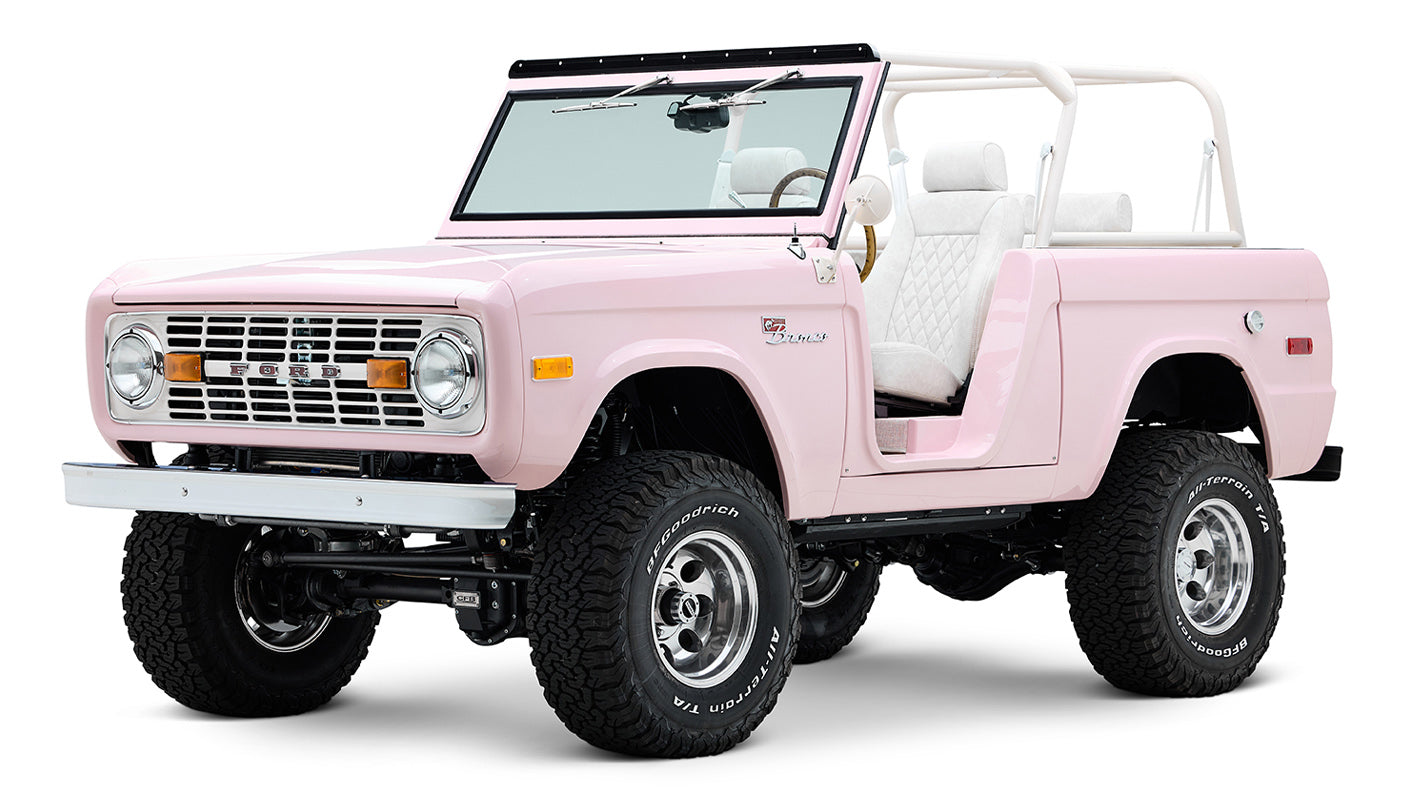 1966 Pink Classic Ford Bronco Coyote Series Roadster with White Leather Interior and Custom Pink Flooring