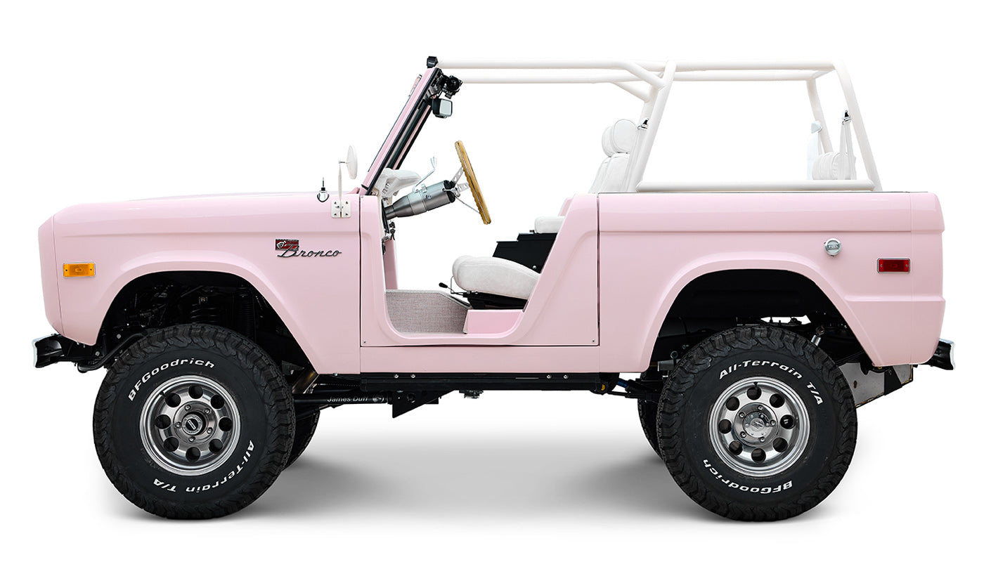 1966 Pink Classic Ford Bronco Coyote Series Roadster with White Leather Interior and Custom Pink Flooring