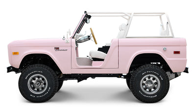 1966 Pink Classic Ford Bronco Coyote Series Roadster with White Leather Interior and Custom Pink Flooring