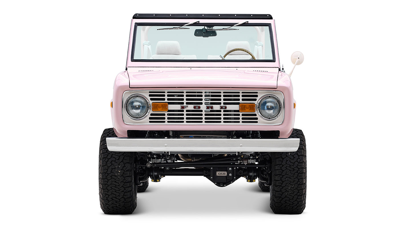 1966 Pink Classic Ford Bronco Coyote Series Roadster with White Leather Interior and Custom Pink Flooring
