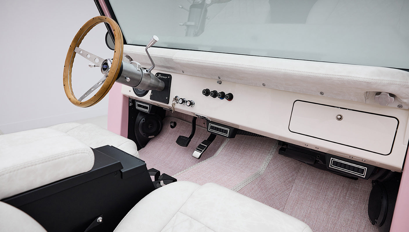 1966 Pink Classic Ford Bronco Coyote Series Roadster with White Leather Interior and Custom Pink Flooring