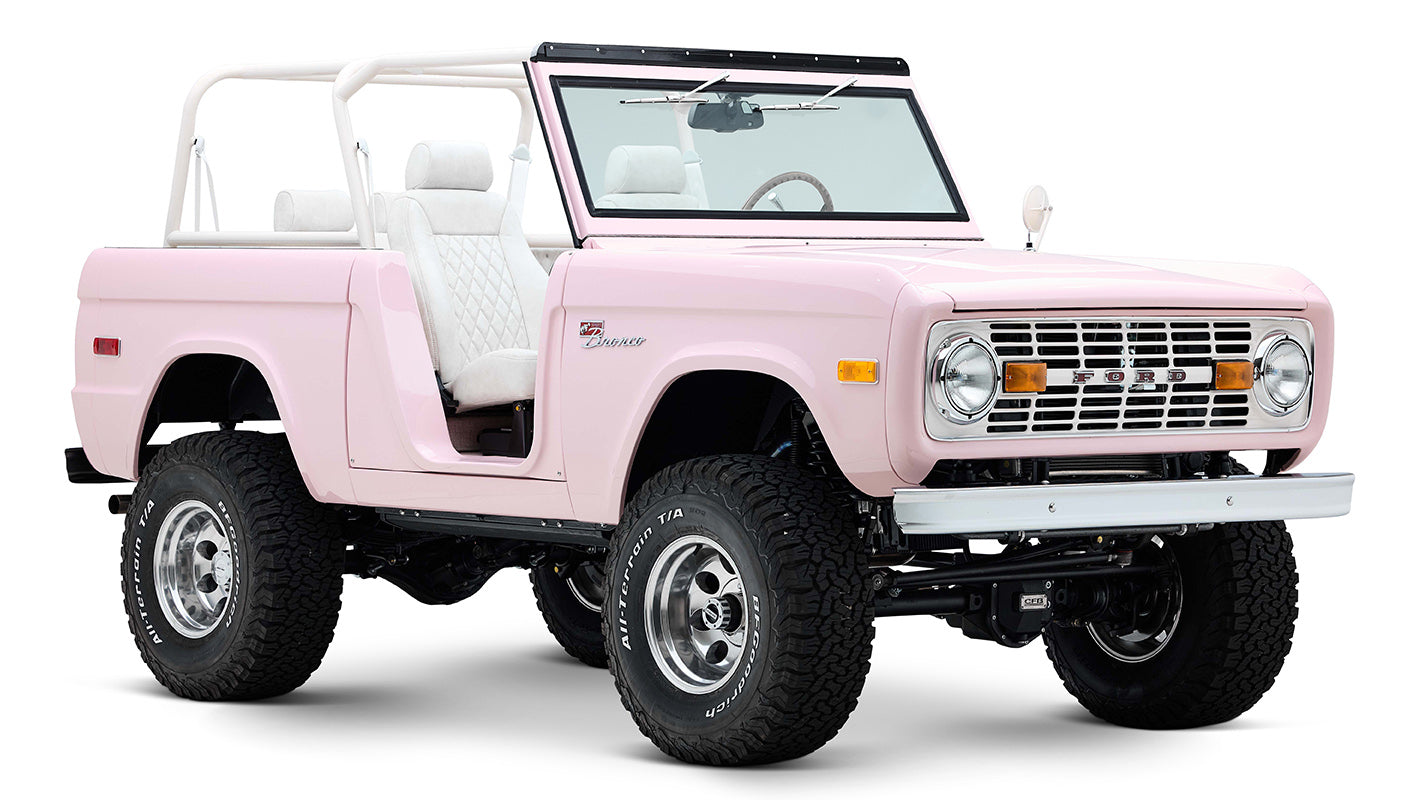 1966 Pink Classic Ford Bronco Coyote Series Roadster with White Leather Interior and Custom Pink Flooring