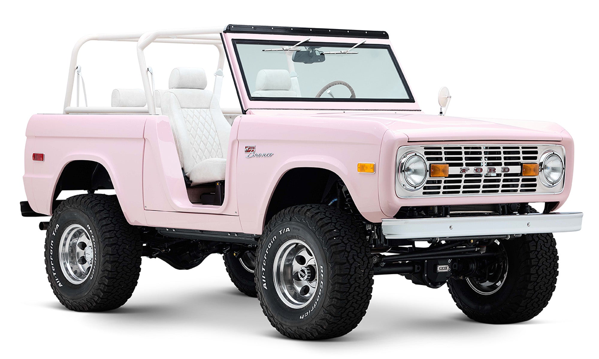 1966 Pink Classic Ford Bronco Coyote Series Roadster with White Leather Interior and Custom Pink Flooring