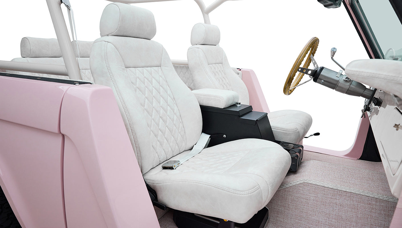 1966 Pink Classic Ford Bronco Coyote Series Roadster with White Leather Interior and Custom Pink Flooring