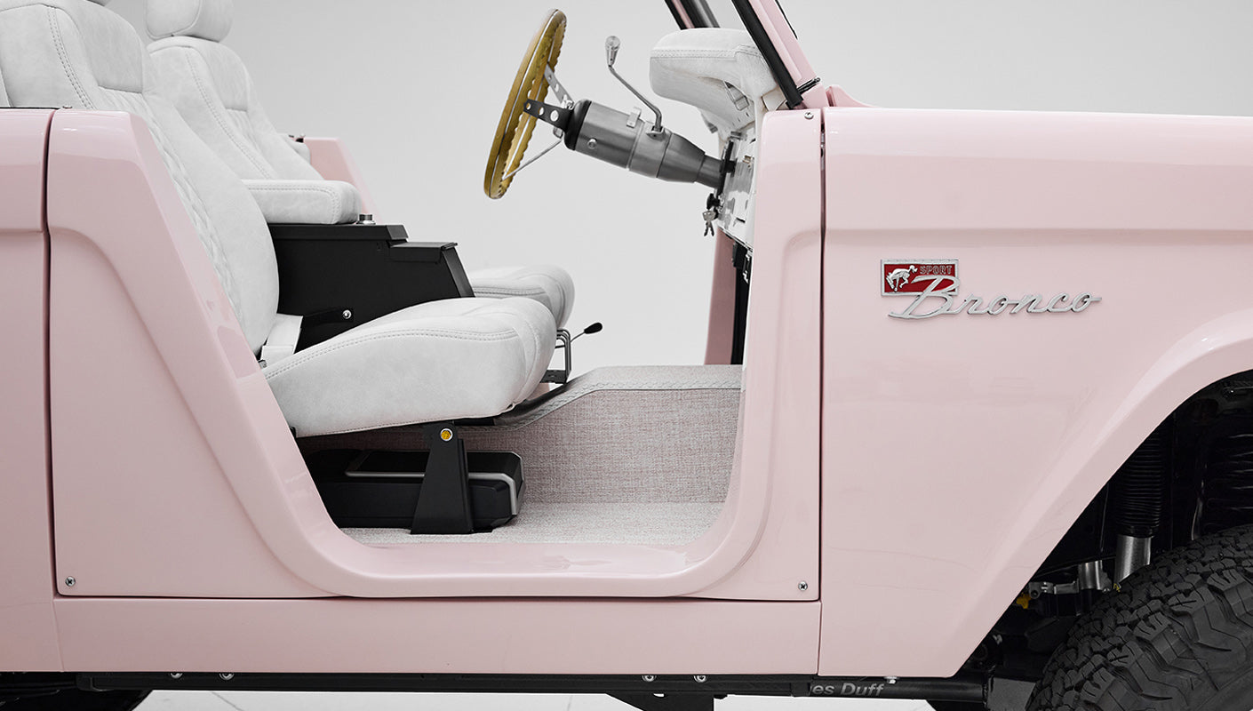 1966 Pink Classic Ford Bronco Coyote Series Roadster with White Leather Interior and Custom Pink Flooring