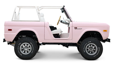 1966 Pink Classic Ford Bronco Coyote Series Roadster with White Leather Interior and Custom Pink Flooring