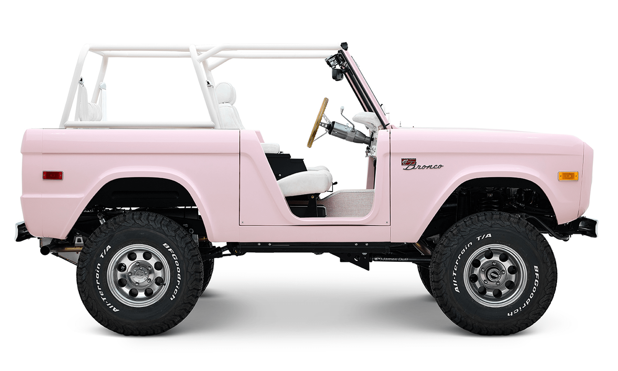 1966 Pink Classic Ford Bronco Coyote Series Roadster with White Leather Interior and Custom Pink Flooring