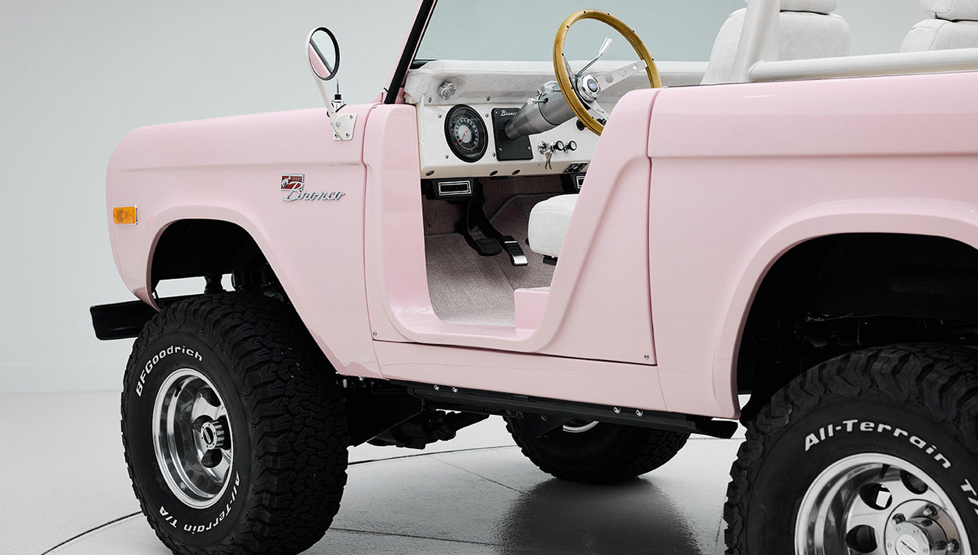 1966 Pink Classic Ford Bronco Coyote Series Roadster with White Leather Interior and Custom Pink Flooring