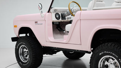 1966 Pink Classic Ford Bronco Coyote Series Roadster with White Leather Interior and Custom Pink Flooring