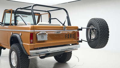 Rear and side view of Classic Ford Bronco in Saddle Bronze with spare tire on tailgate
