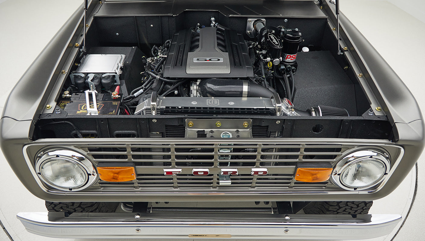 1972 classic ford bronco in matte silver with orange leather interior ford racing coyote v8 motor