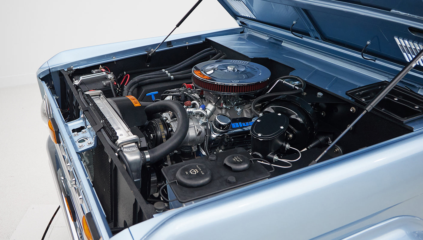 1973 brittany blue 302 series with gray leather 302 motor detail
