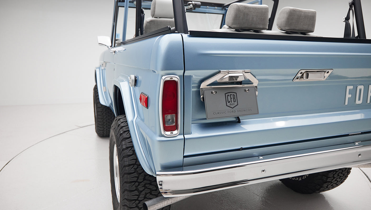 1973 brittany blue 302 series with gray leather license plate