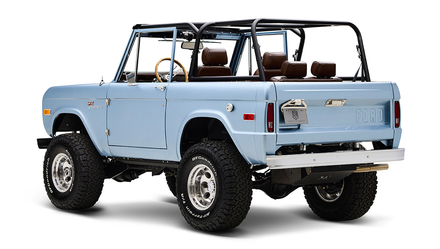 1974 Blue Classic Ford Broncos Coyote Series with custom leather interior, custom carpet and family roll cage