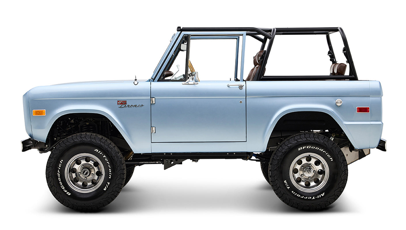 1974 Blue Classic Ford Broncos Coyote Series with custom leather interior, custom carpet and family roll cage