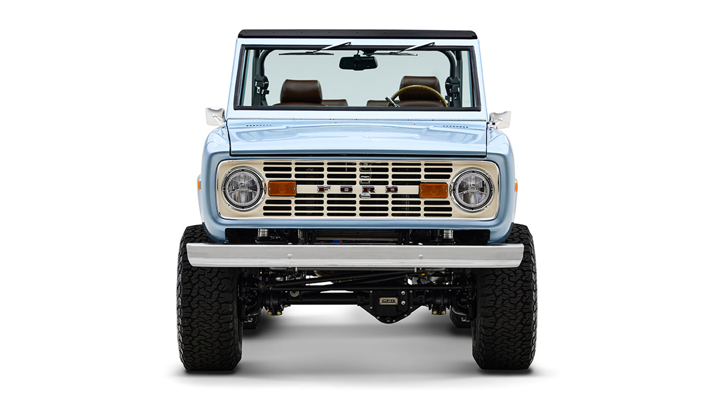 1974 Blue Classic Ford Broncos Coyote Series with custom leather interior, custom carpet and family roll cage