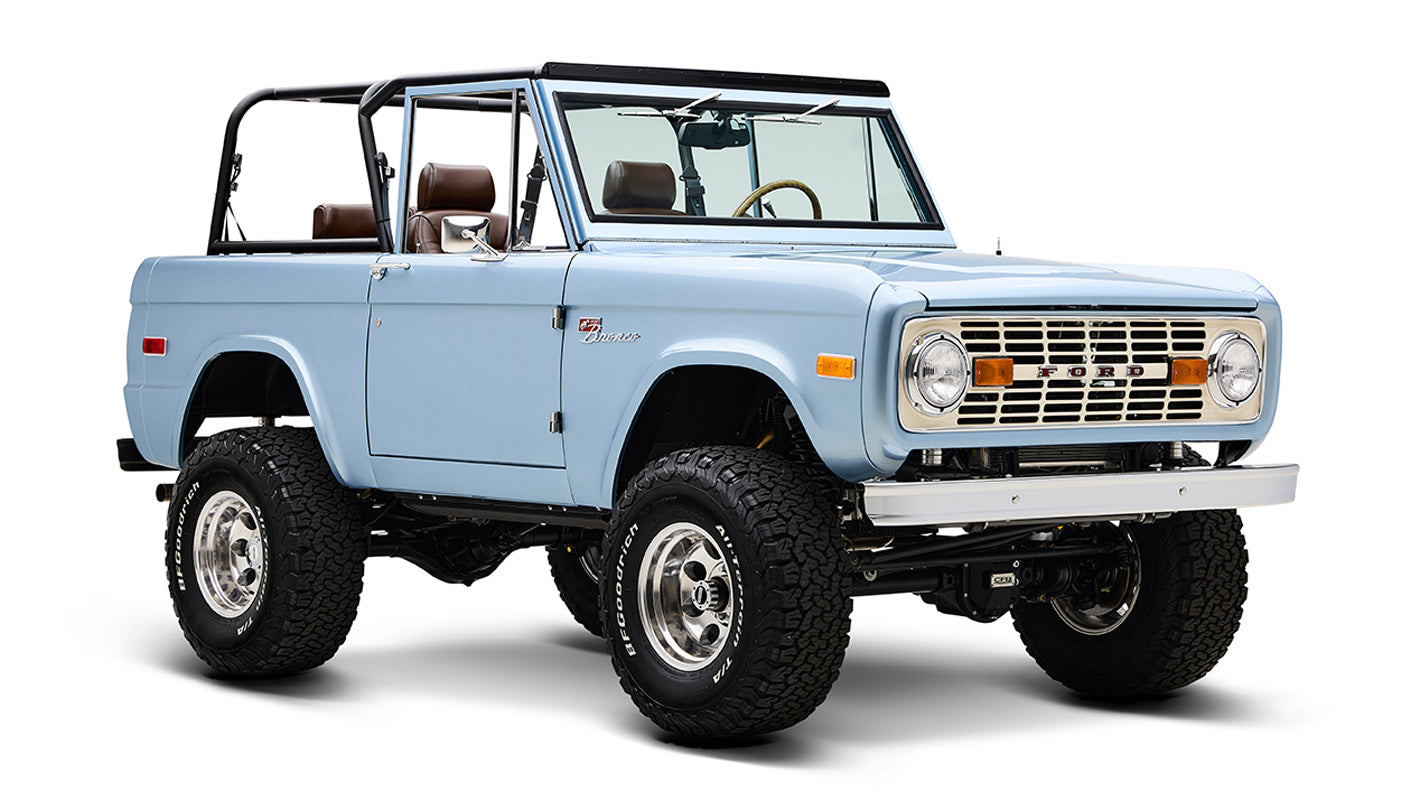 1974 Blue Classic Ford Broncos Coyote Series with custom leather interior, custom carpet and family roll cage