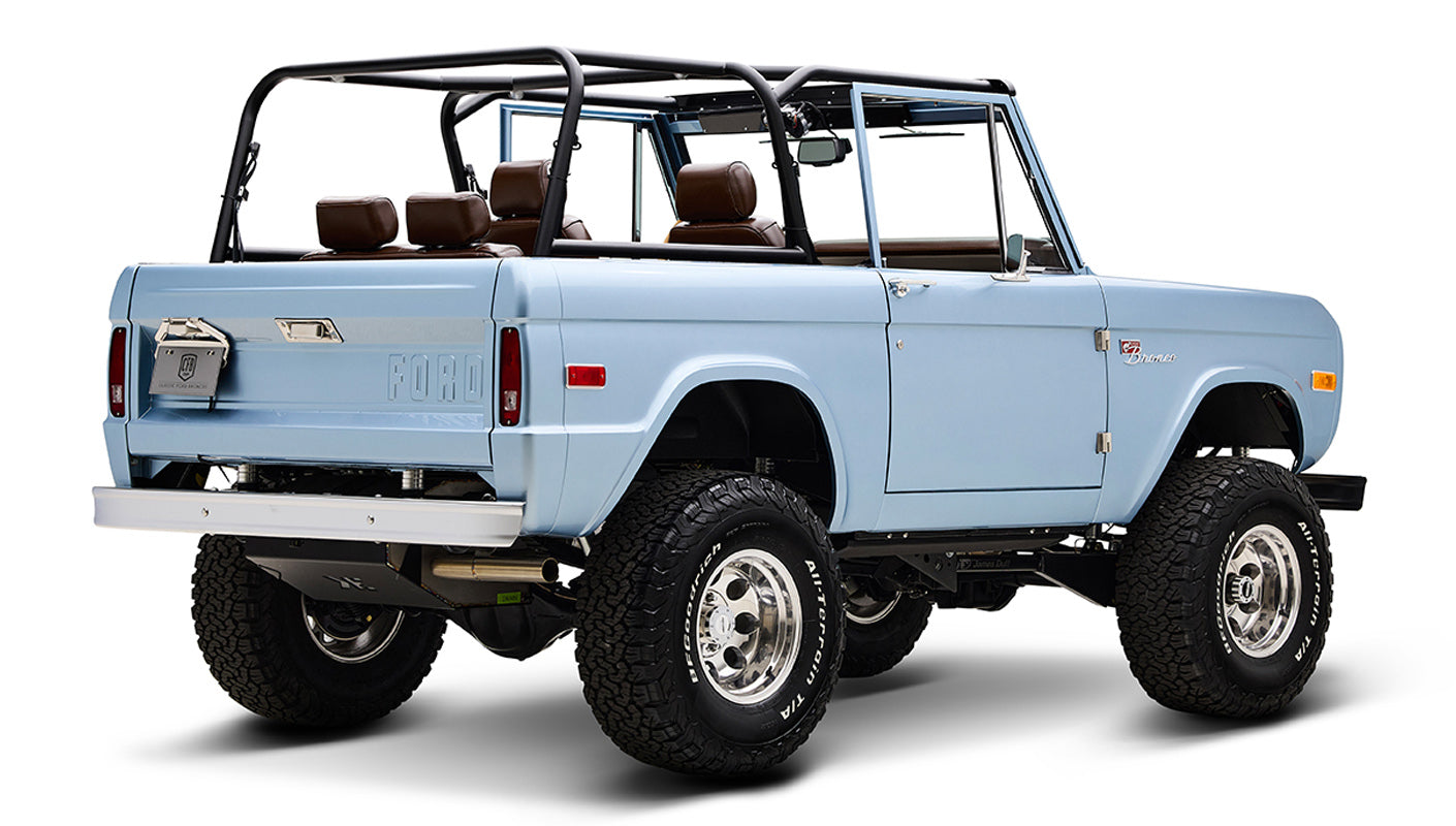 1974 Blue Classic Ford Broncos Coyote Series with custom leather interior, custom carpet and family roll cage