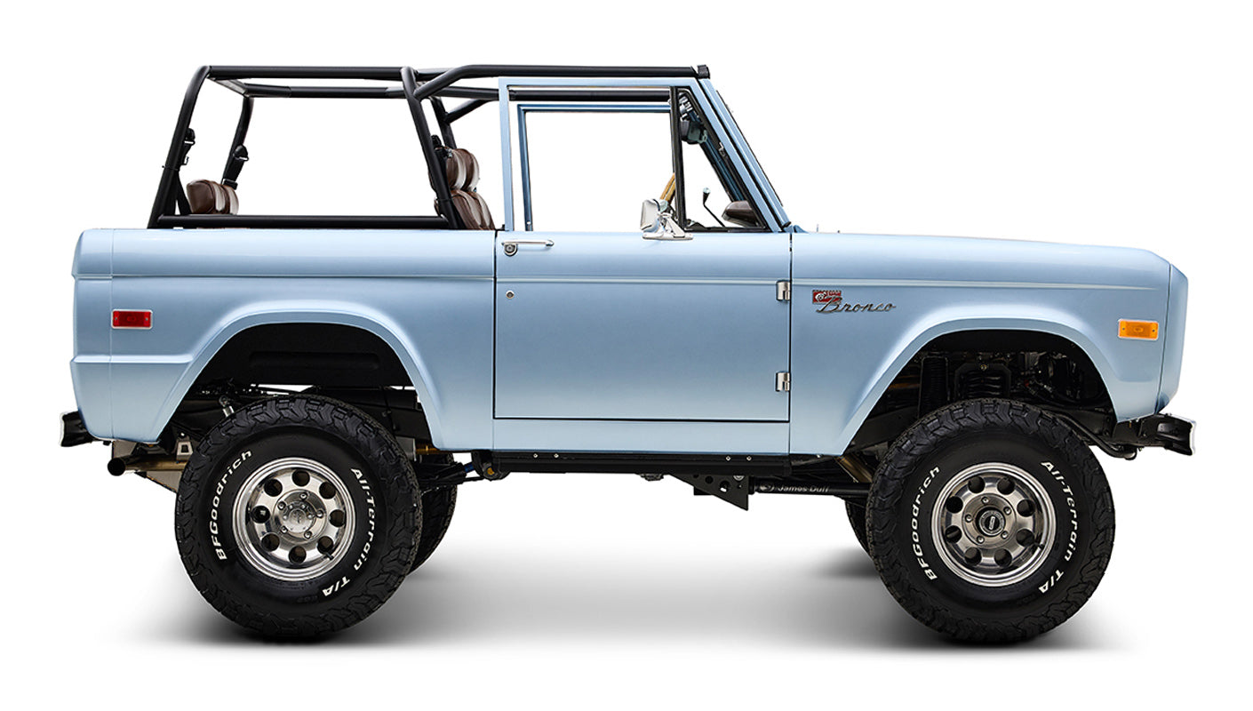 1974 Blue Classic Ford Broncos Coyote Series with custom leather interior, custom carpet and family roll cage