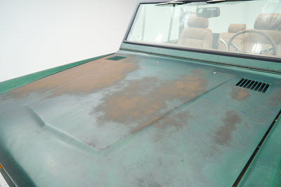 Close-up of green Ford Bronco hood with patina and visible wear