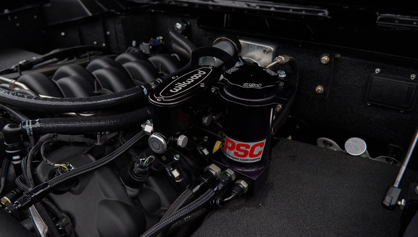 Another close-up engine view of Classic Ford Bronco highlighting Wilwood and PSC steering components