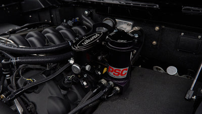 Another close-up engine view of Classic Ford Bronco highlighting Wilwood and PSC steering components