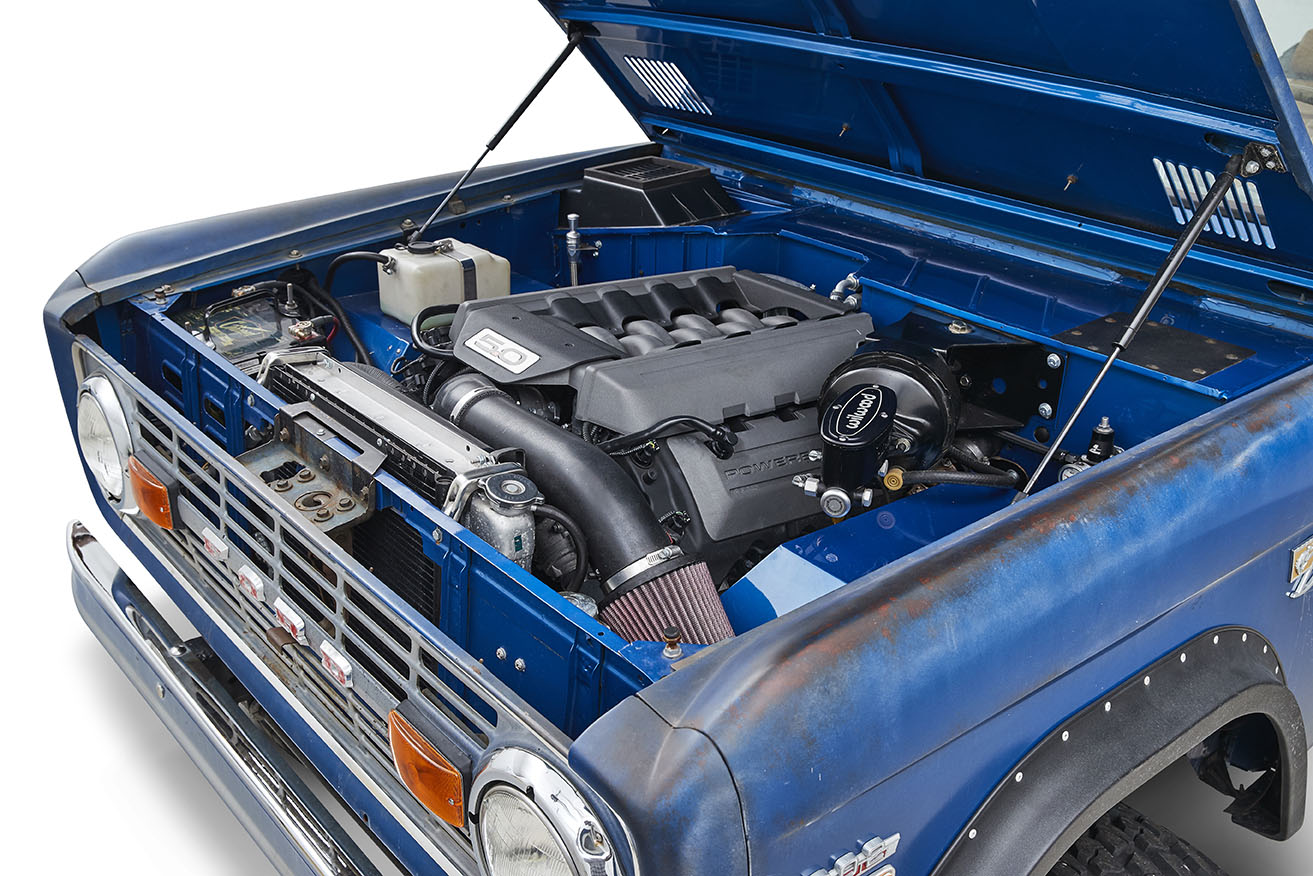 Open hood of blue Classic Ford Bronco showing 5.0 liter engine with clean components