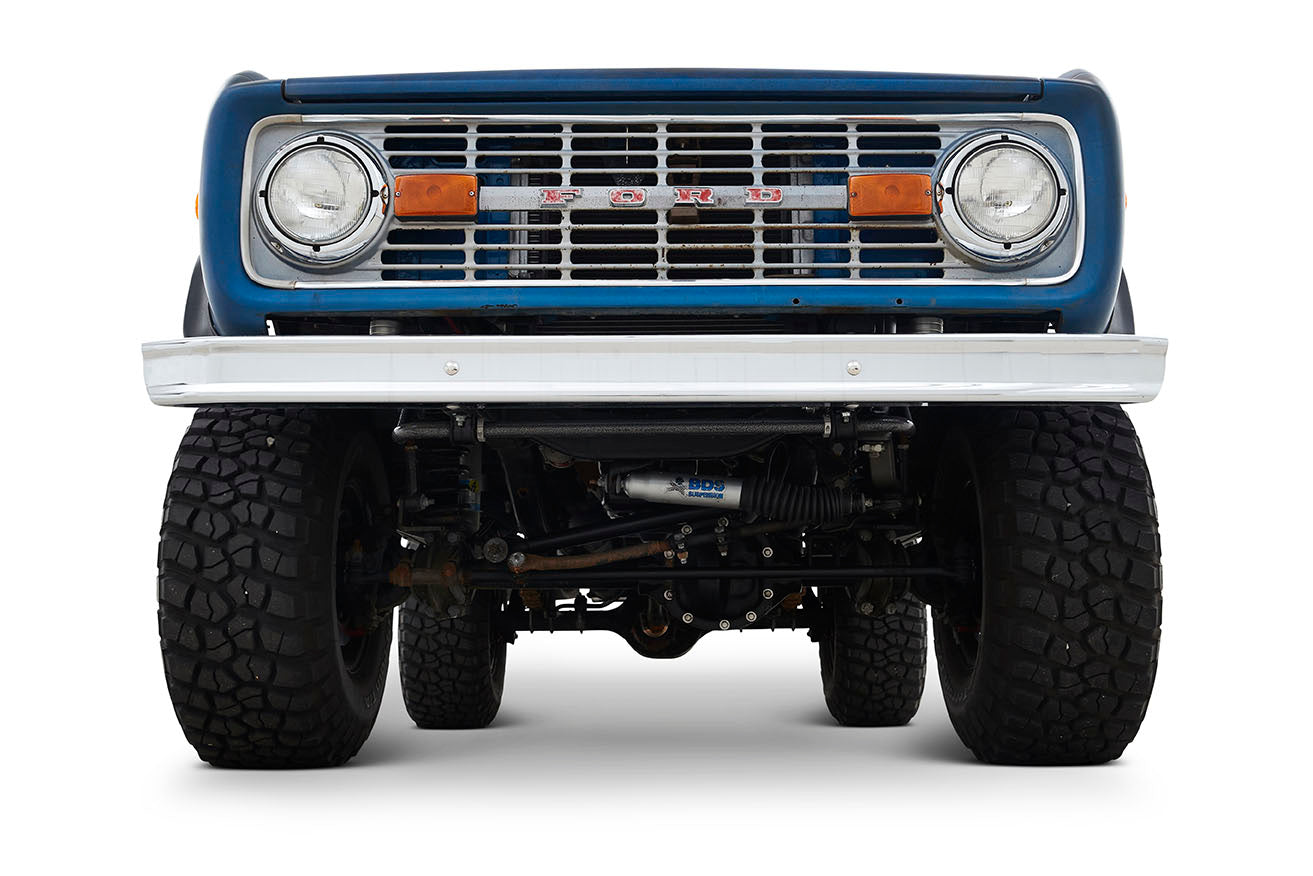 Front close-up showing grille, headlights, and tires of Classic Ford Bronco