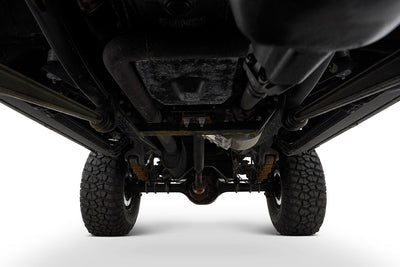 Underside view of off-road vehicle chassis and tires against white background