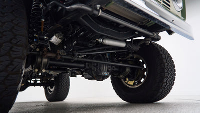 Undercarriage view showing suspension and tire tread of Classic Ford Bronco