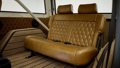 Rear interior seat in brown leather with diamond quilting inside Classic Ford Bronco