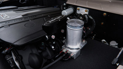 Close-up of engine components and Wilwood brake master cylinder in Classic Ford Bronco