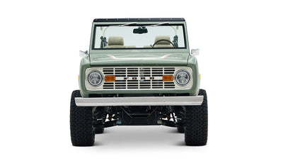 Classic Ford Bronco front view showcasing grille, headlights, and front bumper