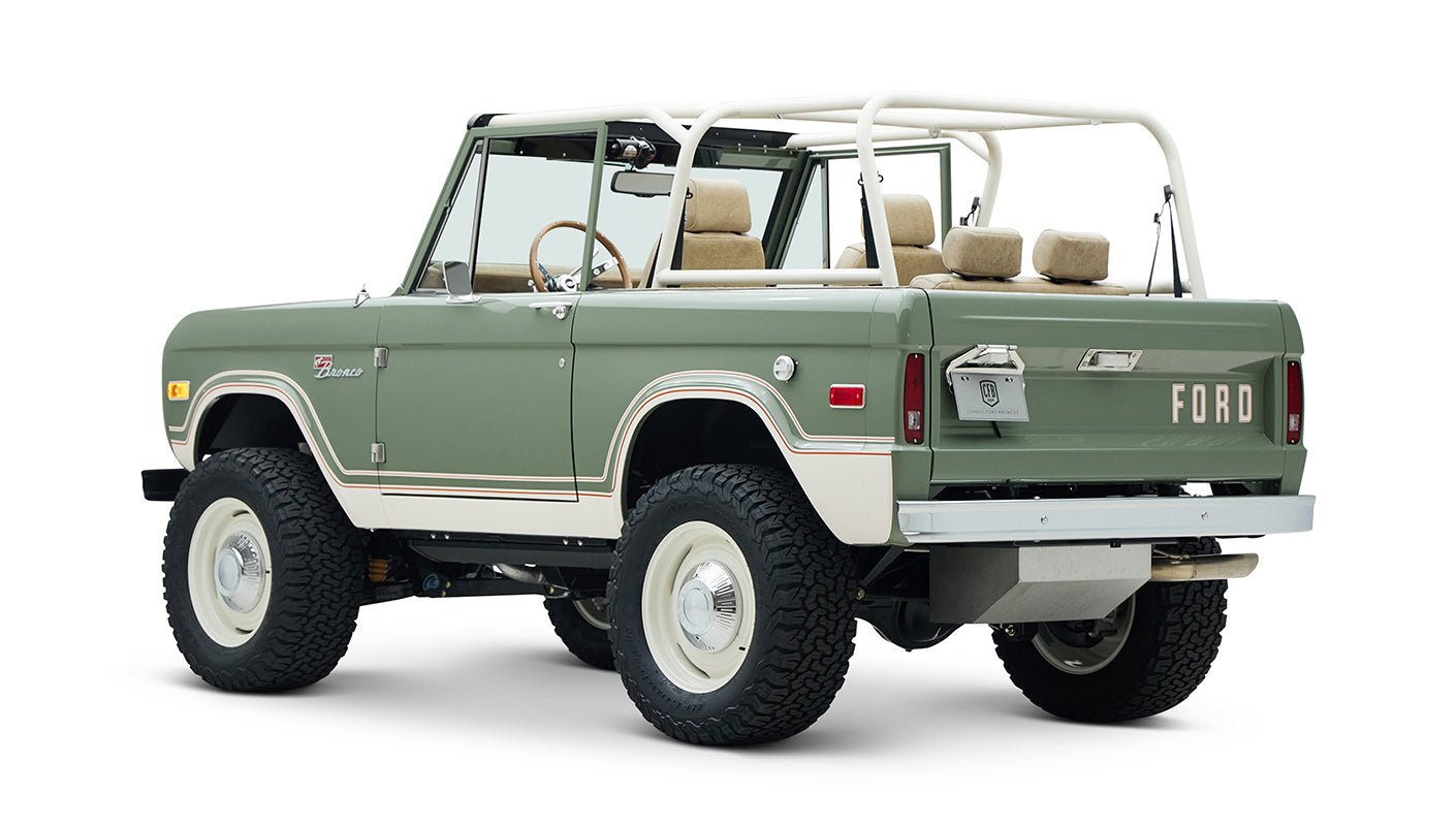 Classic Ford Bronco rear-side view showing tailgate and spare tire area