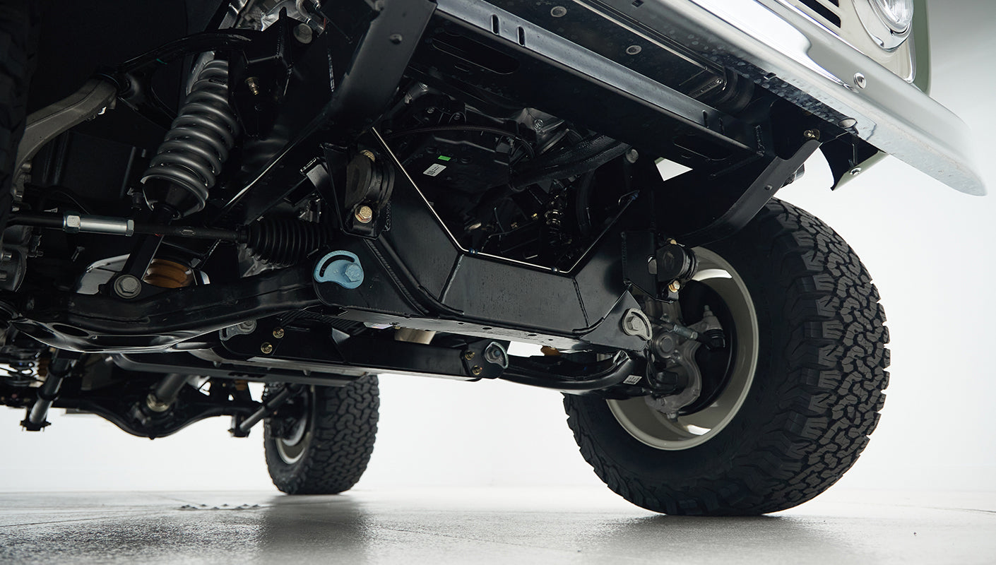 Underside view of front suspension and wheel of Classic Ford Bronco