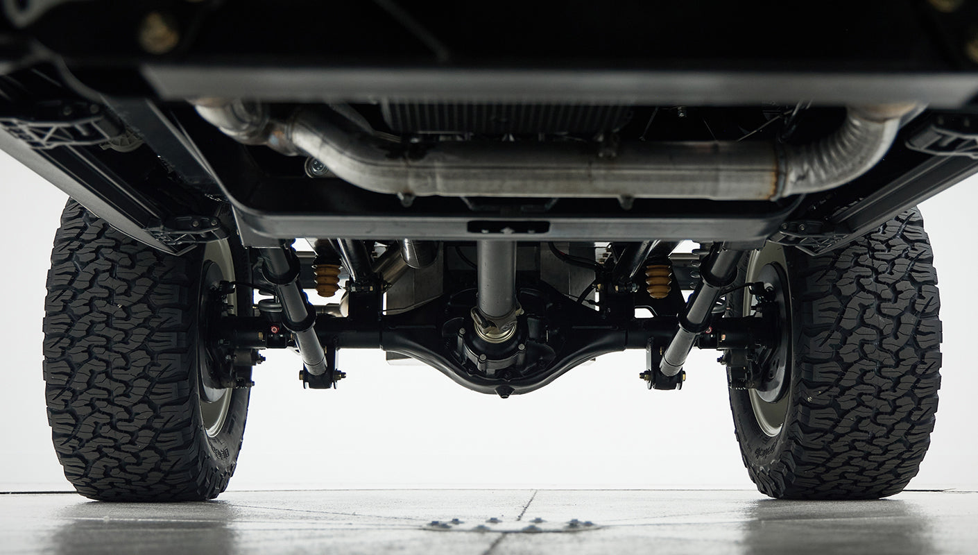 Underside view of rear axle and suspension of Classic Ford Bronco