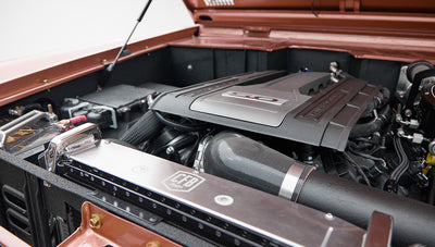 Close-up of a 5.0 engine in a Classic Ford Bronco with CFB bronze body panels