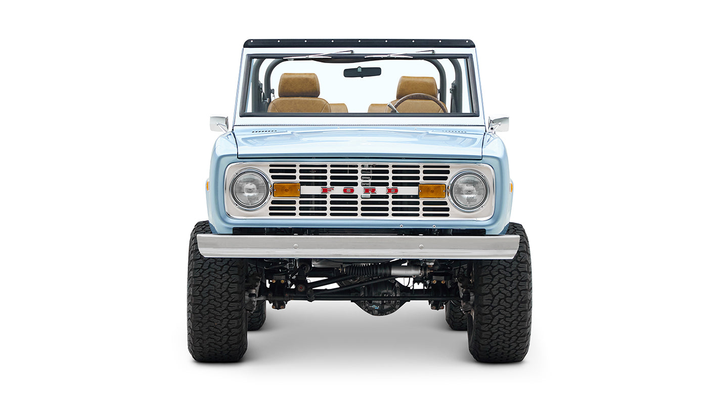 1973 Ford Bronco in Brittany Blue over Whiskey leather front