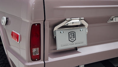 Close-up of back corner and taillights with Classic Ford Broncos branded license plate