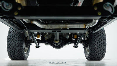 Rear axle and suspension components viewed from beneath Classic Ford Bronco