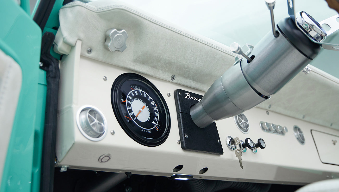 Close-up of speedometer and controls on dashboard of Classic Ford Bronco