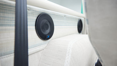 Close-up of car speakers and upholstery inside classic Ford Bronco