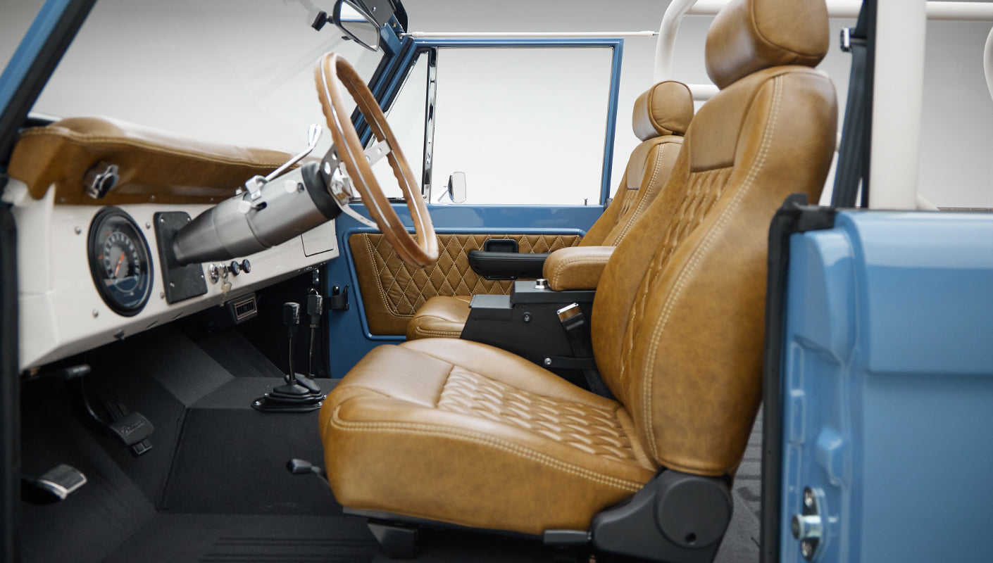 1974 classic ford bronco in stars & stripes blue with whiskey leather interioe