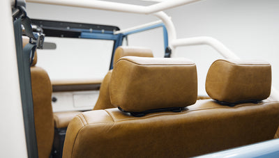 1974 classic ford bronco in stars & stripes blue with whiskey leather headrests